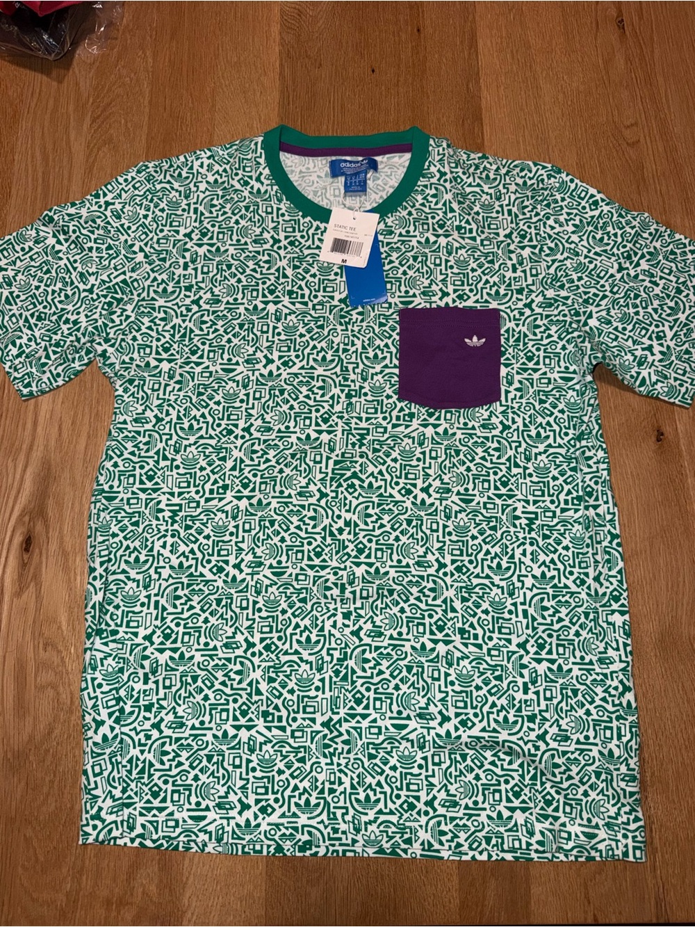 adidas Green Geometric Short-Sleeve Tee with Purple Pocket